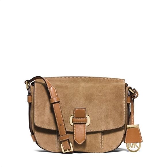 Michael Kors Handbags - Michael Kors Authentic Romy Medium Suede Crossbody Messenger Bag Tan Leather
